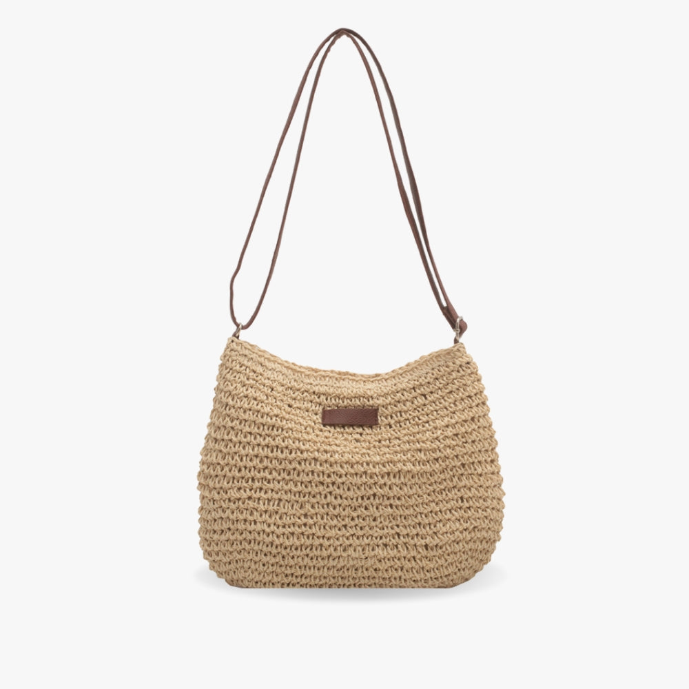 Women's Woven Shoulder Bag with Adjustable Strap - Beige