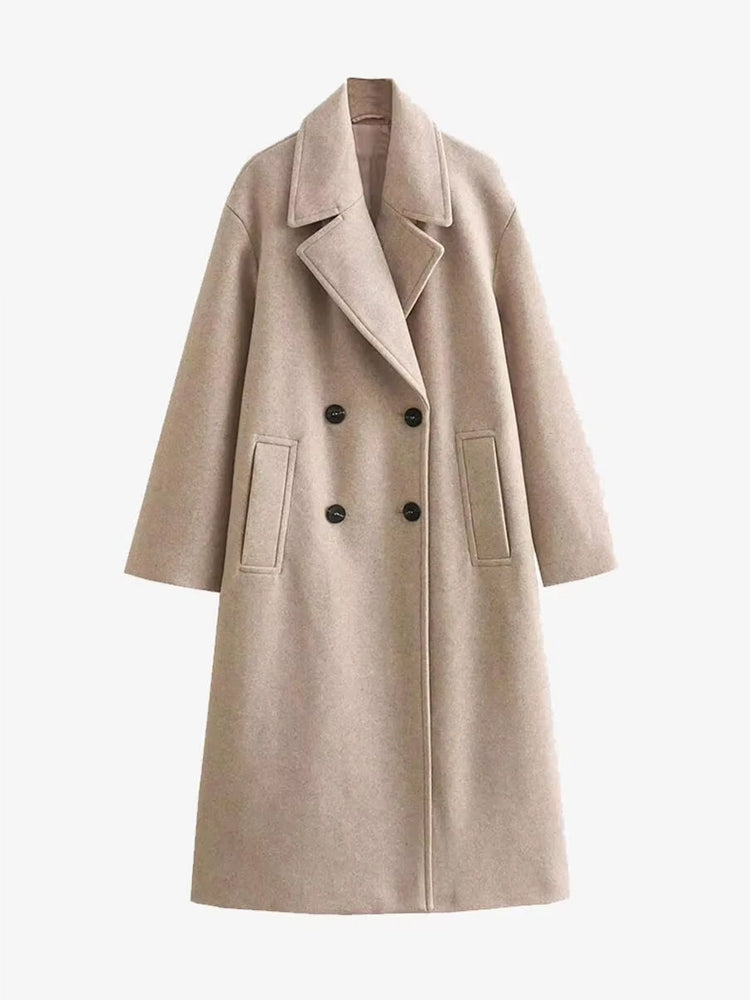 Women's Longline Lapel Trench Coat with Open Front - Beige