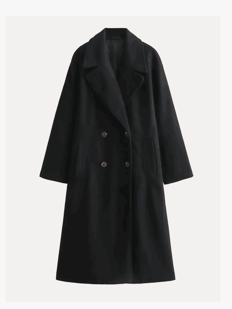 Women's Longline Lapel Trench Coat with Open Front - Black