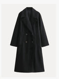 Women's Longline Lapel Trench Coat with Open Front - Black