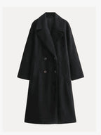 Women's Longline Lapel Trench Coat with Open Front - Black