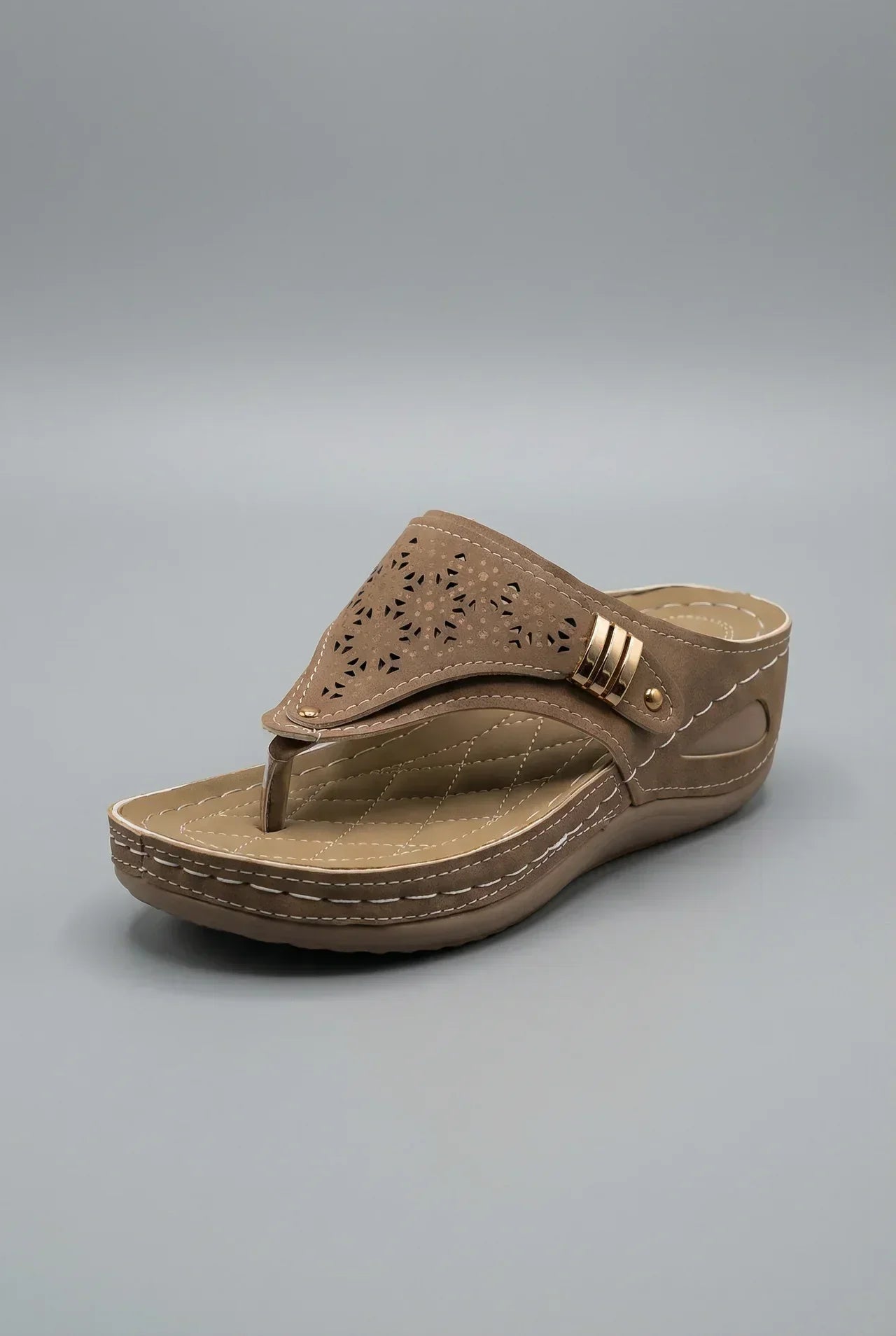 Women's Wide Fit Wedge Sandals with Toe Post Strap - Brown