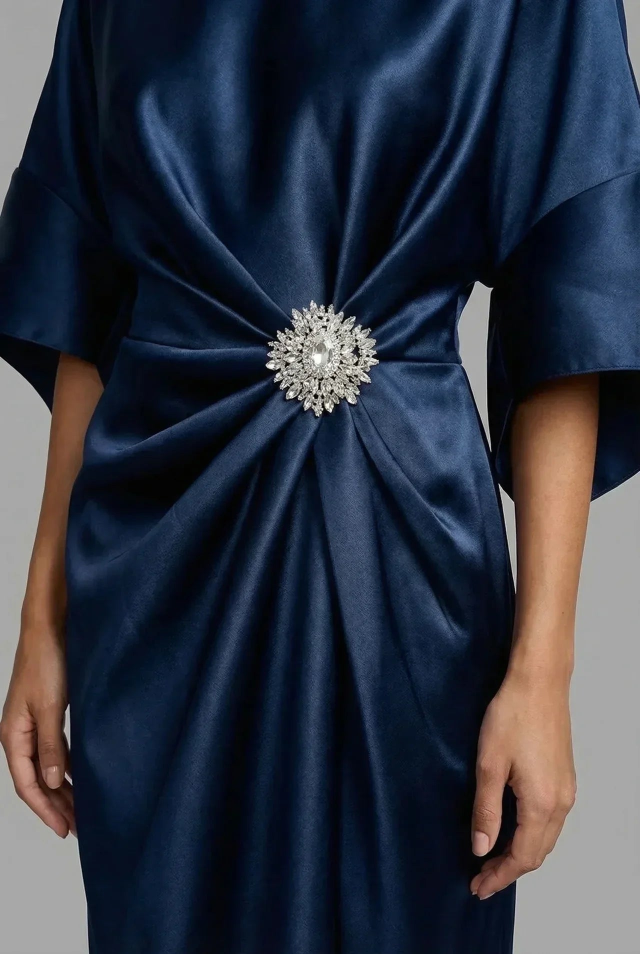 Women's Batwing Midi Dress with Jewel Neckline and Draped Waist - 6