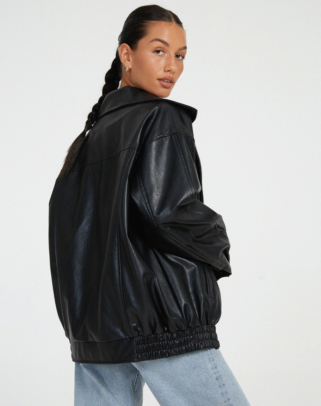 Women's Oversized Bomber Jacket in Faux Leather with Zip Front - 8