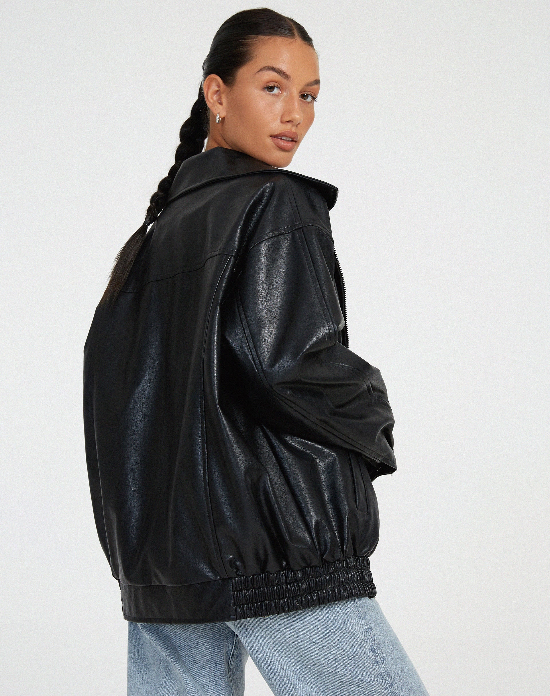 Women's Oversized Bomber Jacket in Faux Leather with Zip Front - 8