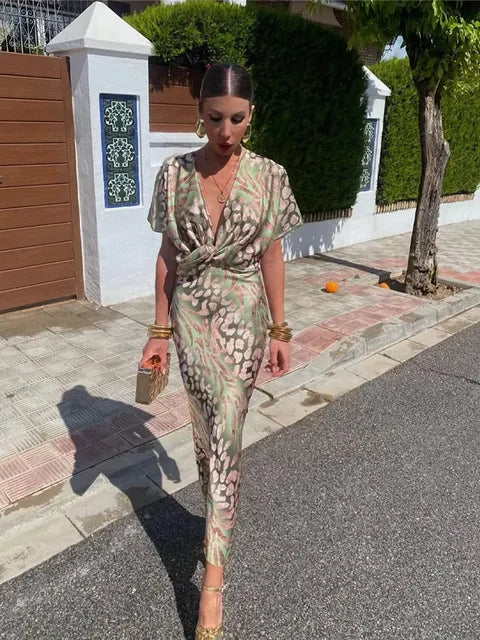 Women's Wrap Midi Dress with V-Neck and Flutter Sleeves - 7