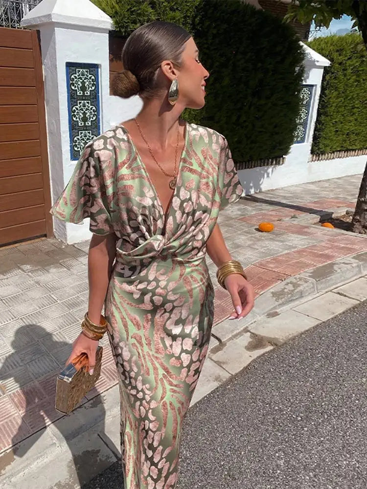 Women's Wrap Midi Dress with V-Neck and Flutter Sleeves - 2
