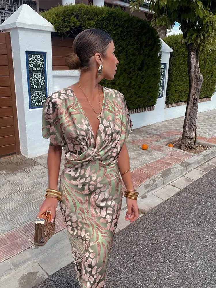 Women's Wrap Midi Dress with V-Neck and Flutter Sleeves - 6