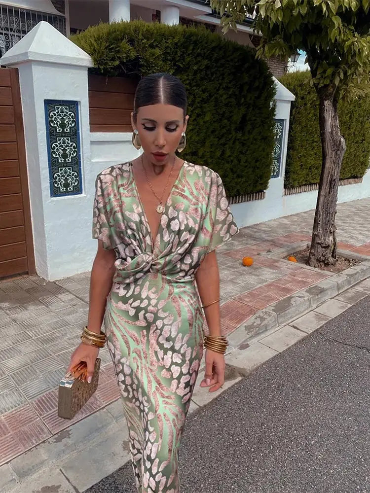 Women's Wrap Midi Dress with V-Neck and Flutter Sleeves - 4