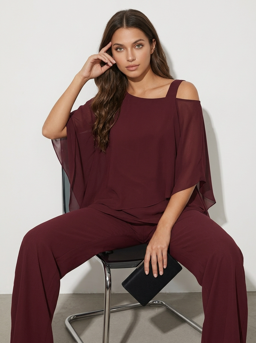 Women's Cape Overlay Top and Wide Leg Trousers Set - 2