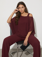 Women's Cape Overlay Top and Wide Leg Trousers Set - 2