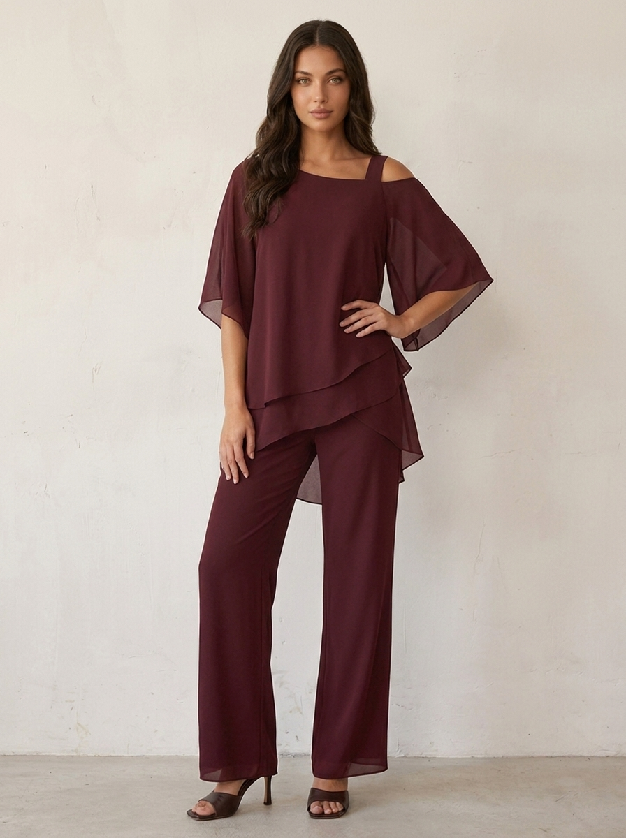 Women's Cape Overlay Top and Wide Leg Trousers Set - 13