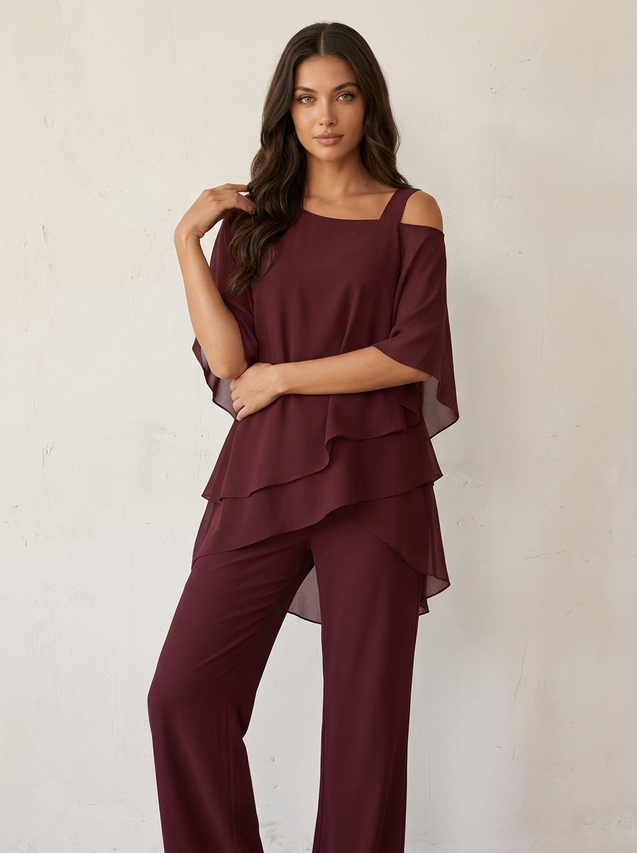 Women's Cape Overlay Top and Wide Leg Trousers Set - Red