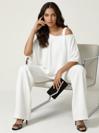 Women's Cape Overlay Top and Wide Leg Trousers Set - White