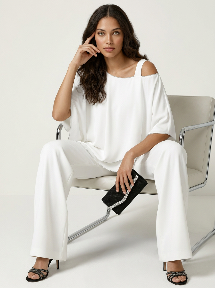 Women's Cape Overlay Top and Wide Leg Trousers Set - White