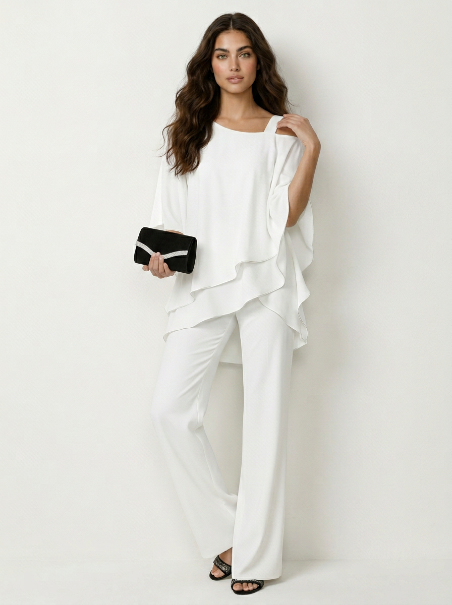Women's Cape Overlay Top and Wide Leg Trousers Set - 5