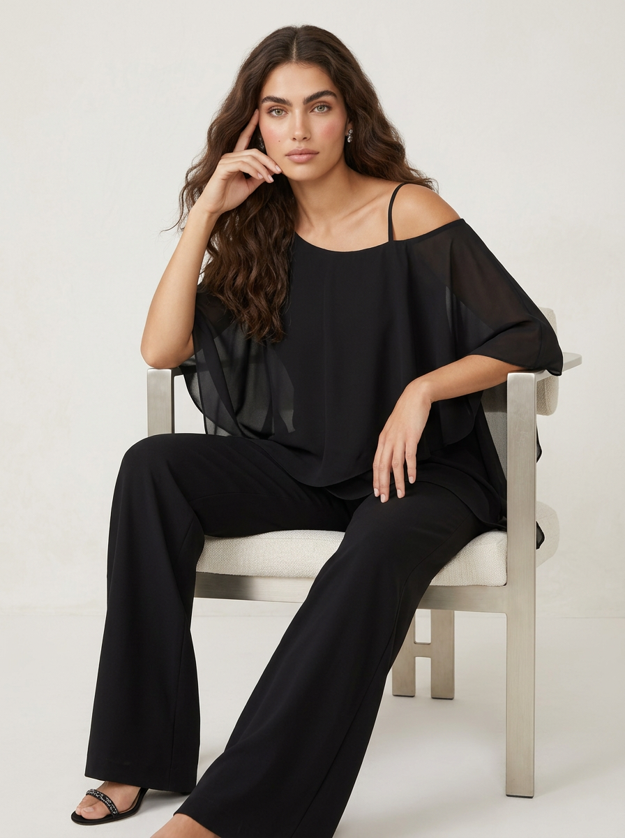 Women's Cape Overlay Top and Wide Leg Trousers Set - 7
