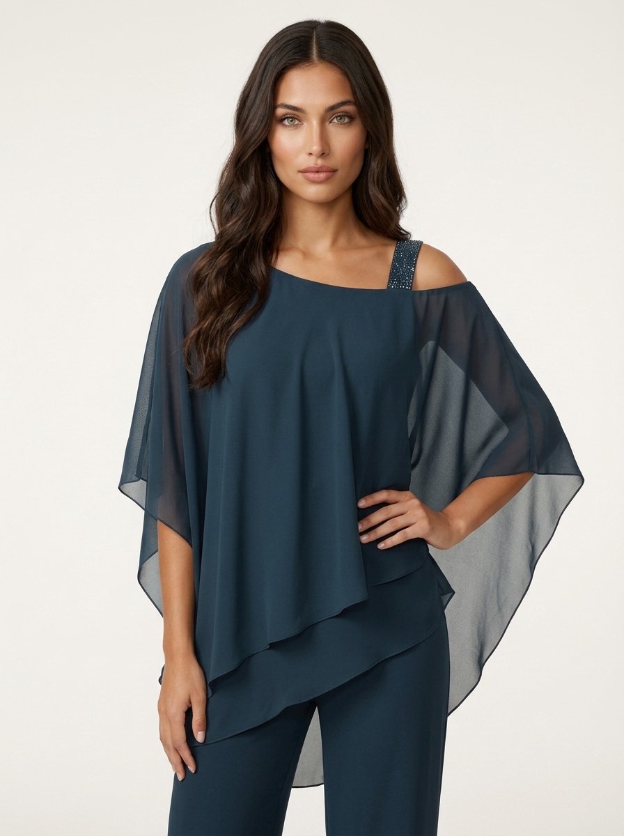 Women's Cape Overlay Top and Wide Leg Trousers Set - 9