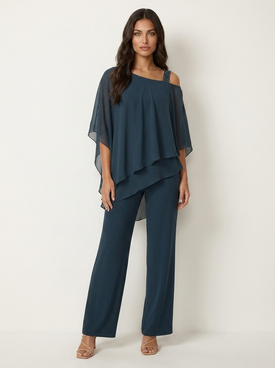 Women's Cape Overlay Top and Wide Leg Trousers Set - 10