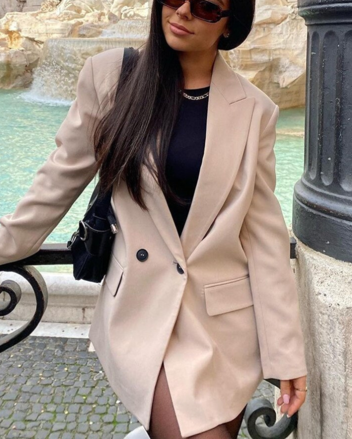 Women's Double-Breasted Blazer with Notched Lapels and Structured Silhouette - 16