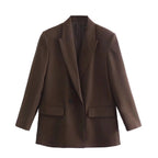 Women's Double-Breasted Blazer with Notched Lapels and Structured Silhouette - Brown