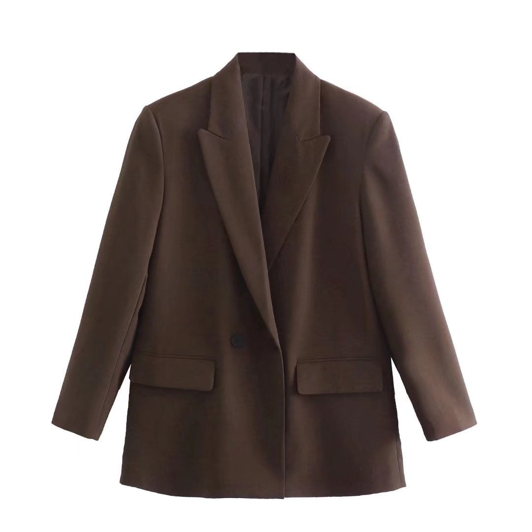 Women's Double-Breasted Blazer with Notched Lapels and Structured Silhouette - Brown