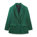 Women's Double-Breasted Blazer with Notched Lapels and Structured Silhouette - Green