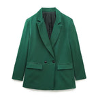 Women's Double-Breasted Blazer with Notched Lapels and Structured Silhouette - Green