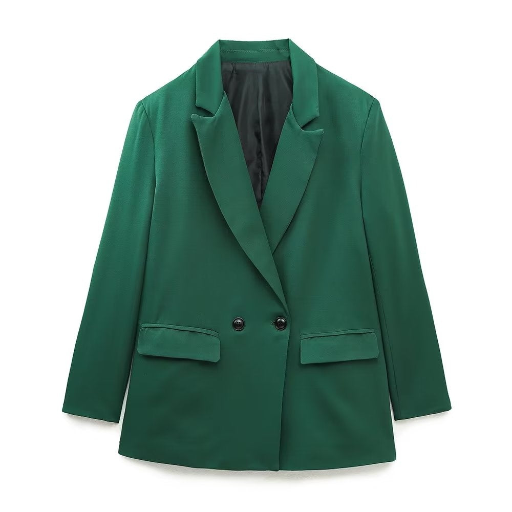 Women's Double-Breasted Blazer with Notched Lapels and Structured Silhouette - Green