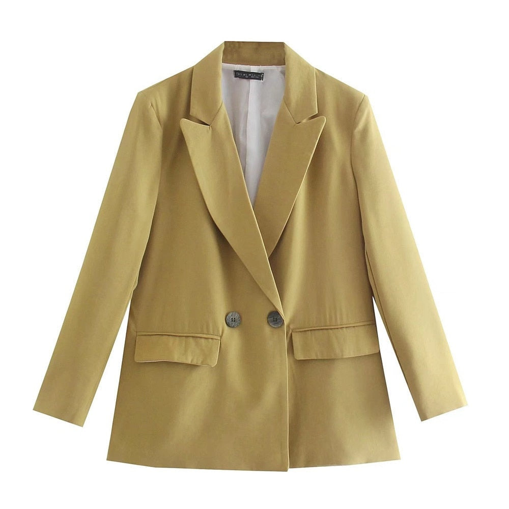 Women's Double-Breasted Blazer with Notched Lapels and Structured Silhouette - Yellow