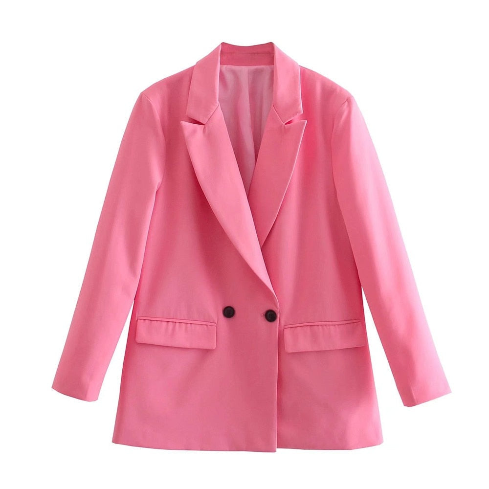 Women's Double-Breasted Blazer with Notched Lapels and Structured Silhouette - Pink