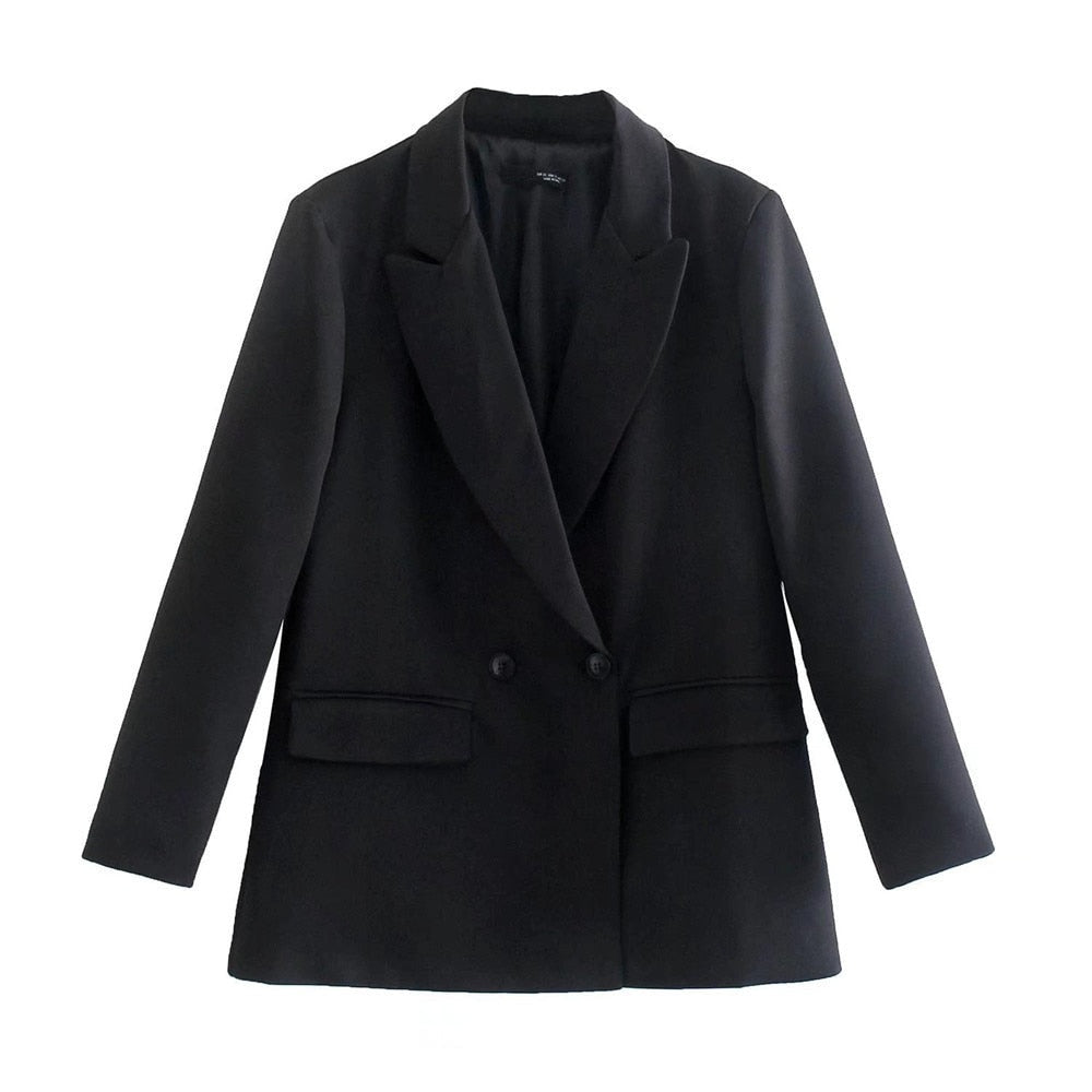Women's Double-Breasted Blazer with Notched Lapels and Structured Silhouette - Black
