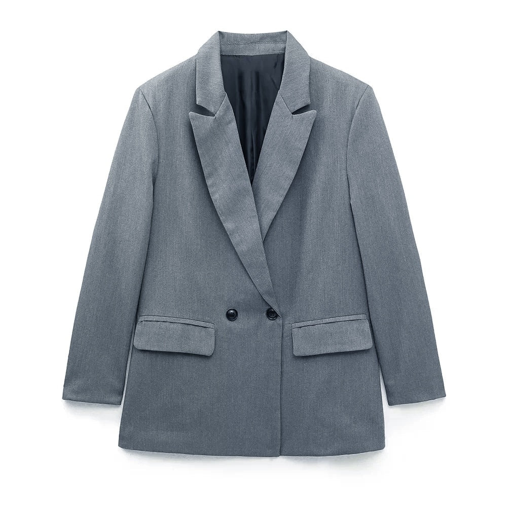 Women's Double-Breasted Blazer with Notched Lapels and Structured Silhouette - Blue