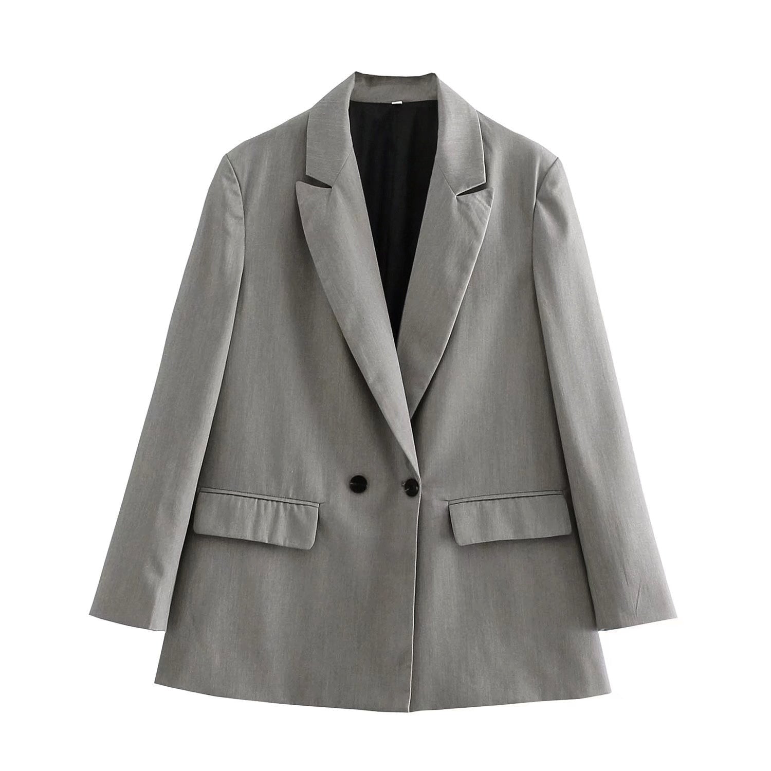 Women's Double-Breasted Blazer with Notched Lapels and Structured Silhouette - Grey