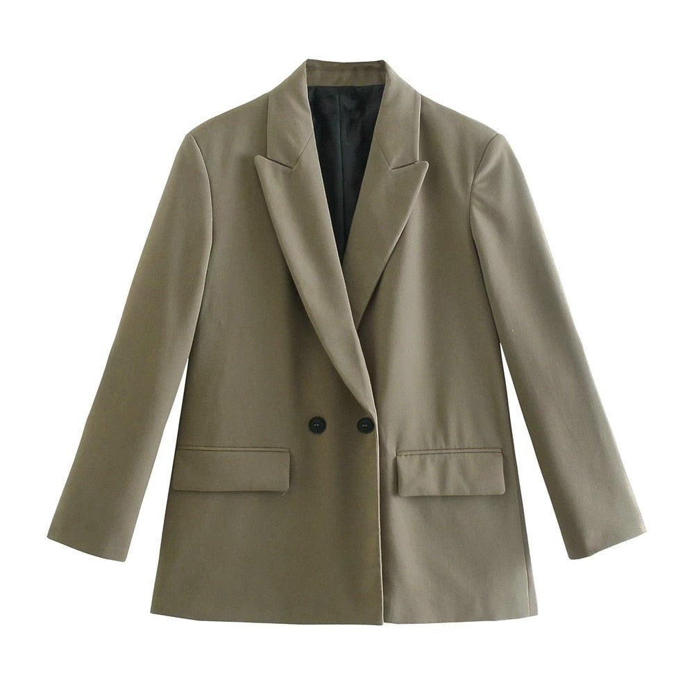 Women's Double-Breasted Blazer with Notched Lapels and Structured Silhouette - Light Green