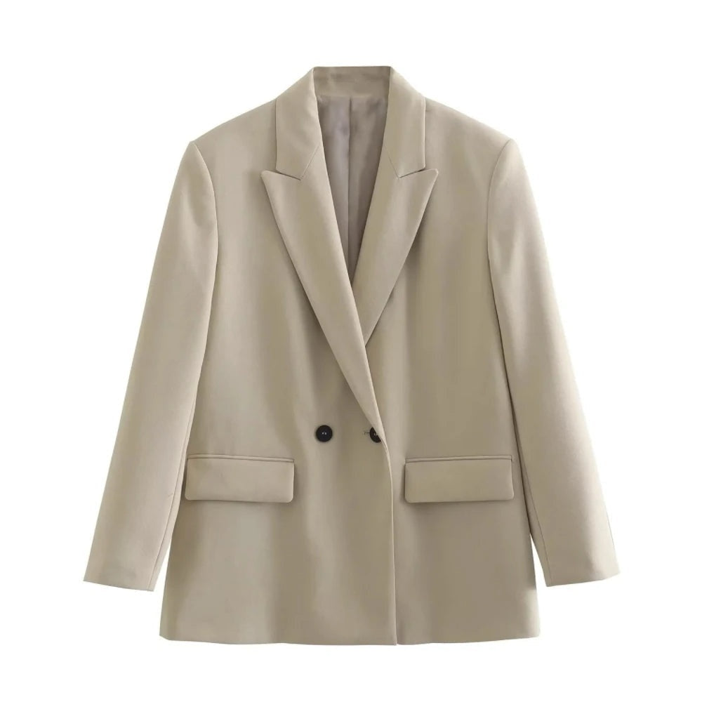 Women's Double-Breasted Blazer with Notched Lapels and Structured Silhouette - Beige