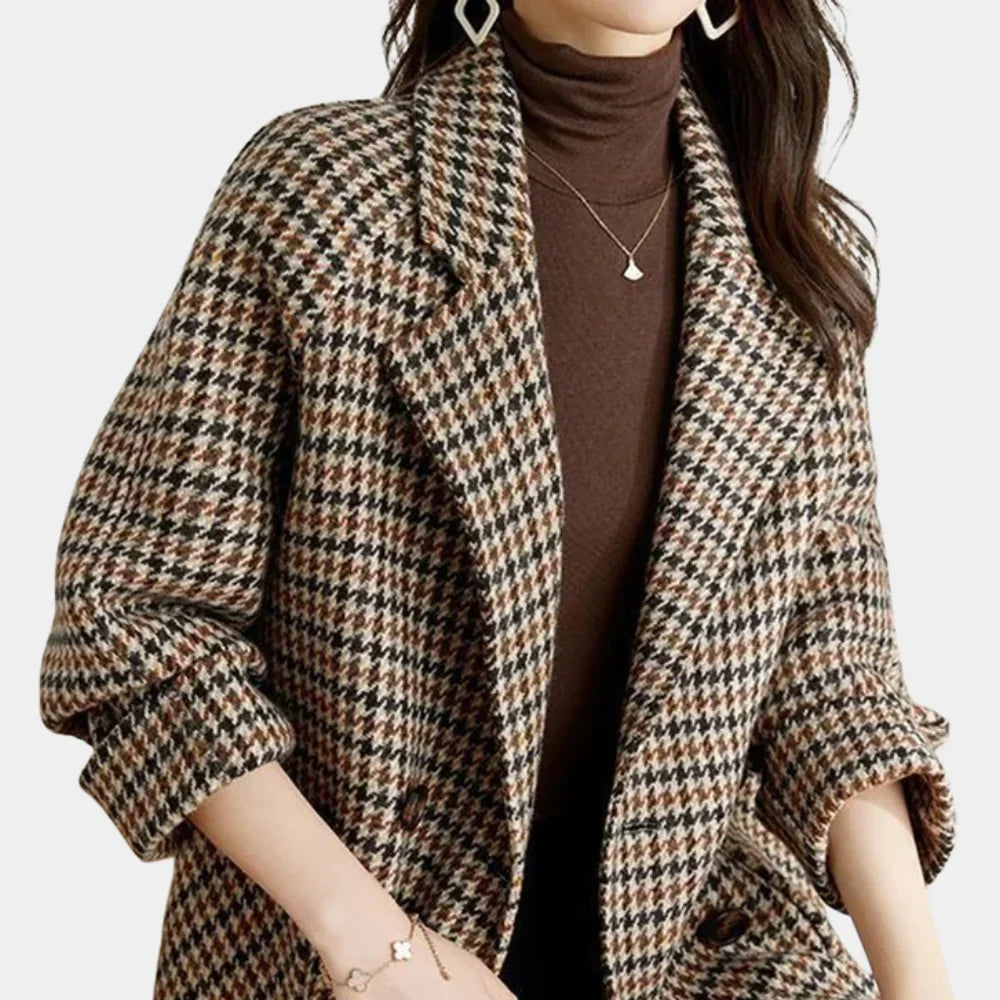 Women's Houndstooth Double-Breasted Blazer Hip-Length - Coffee
