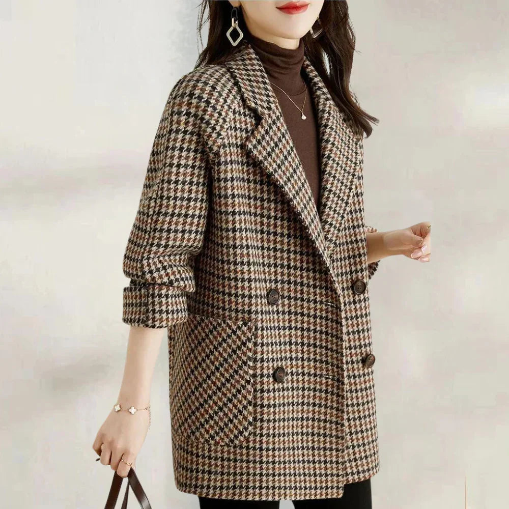 Women's Houndstooth Double-Breasted Blazer Hip-Length - 3
