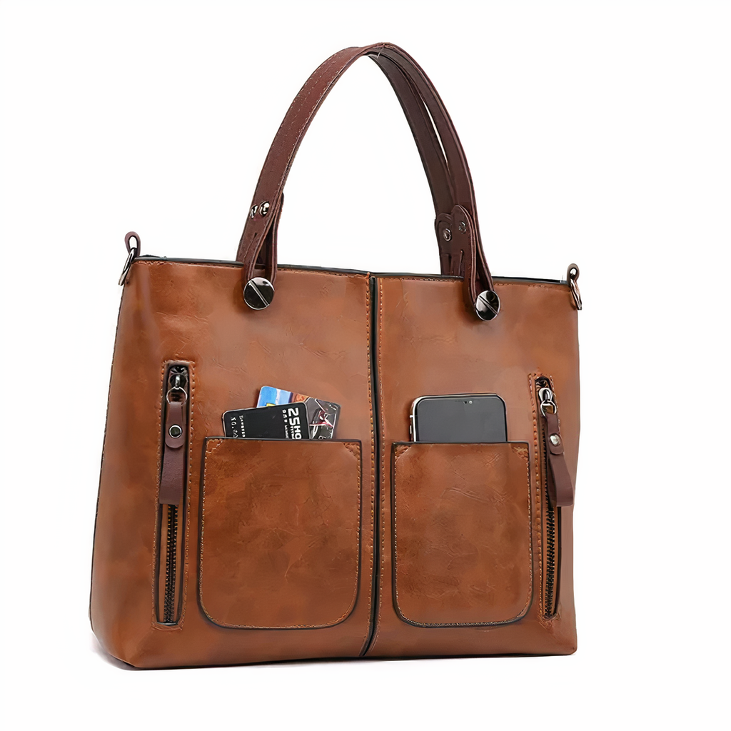 Women's Structured Tote Handbag with Front Pockets - 4