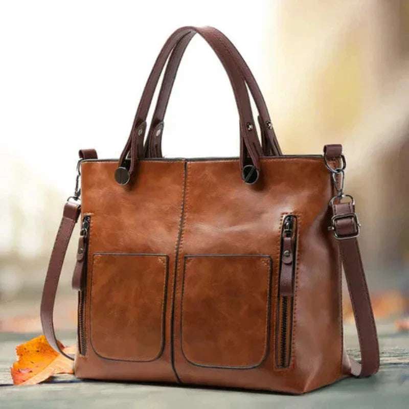 Women's Structured Tote Handbag with Front Pockets - Brown