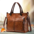 Women's Structured Tote Handbag with Front Pockets - Brown