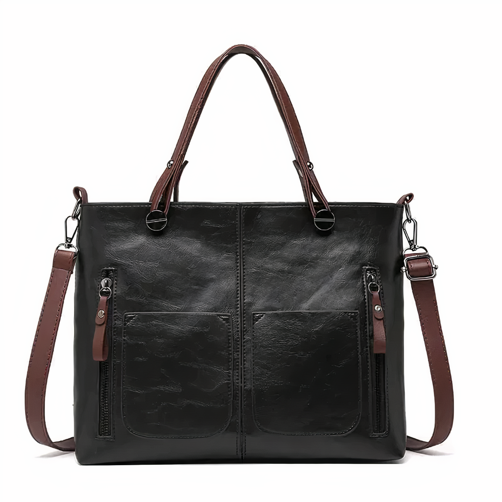 Women's Structured Tote Handbag with Front Pockets - Black
