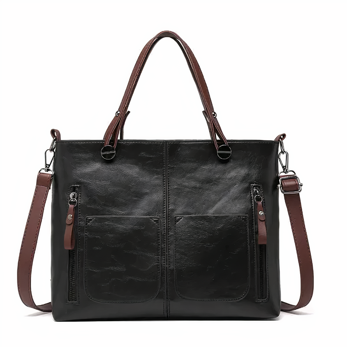 Women's Structured Tote Handbag with Front Pockets - Black