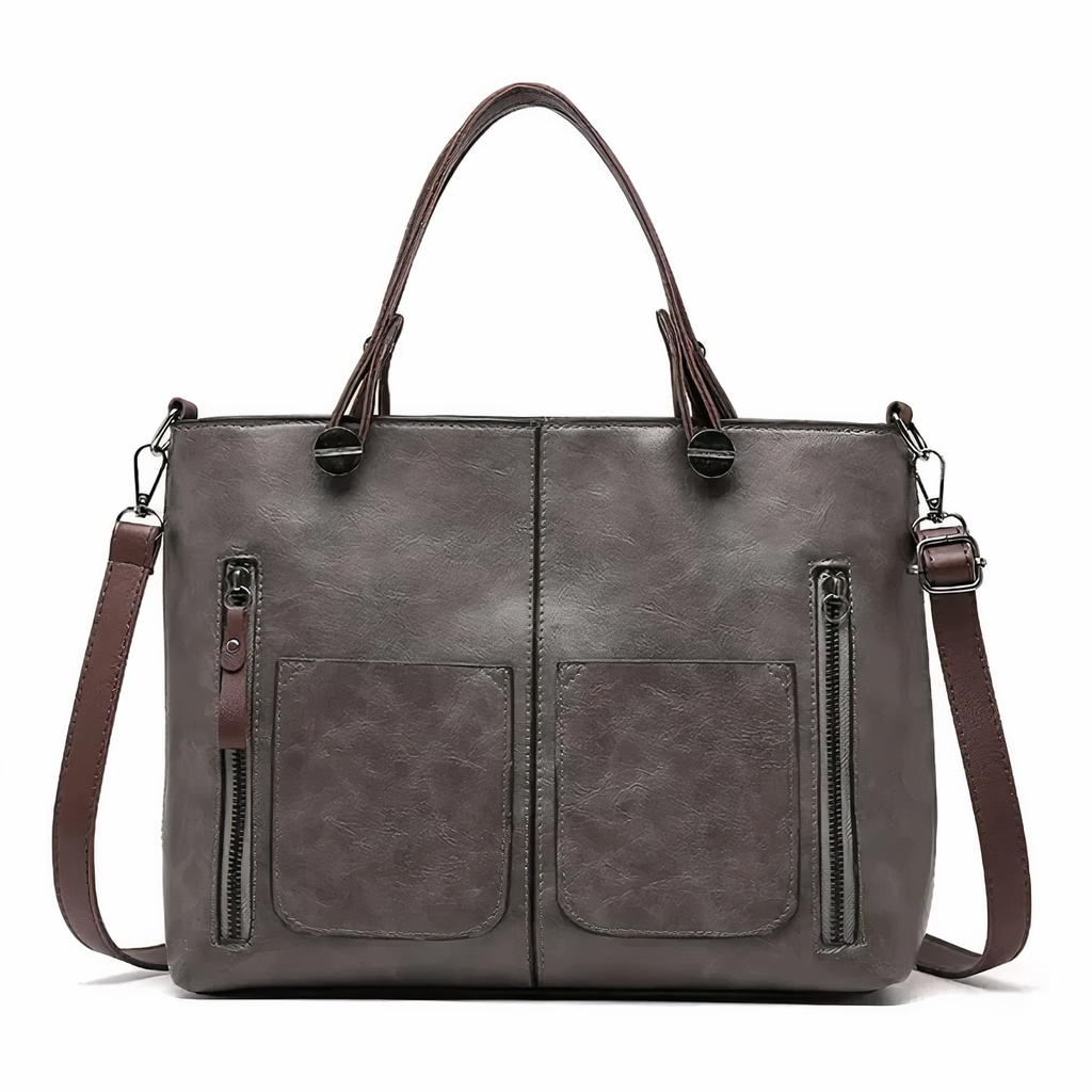 Women's Structured Tote Handbag with Front Pockets - Grey