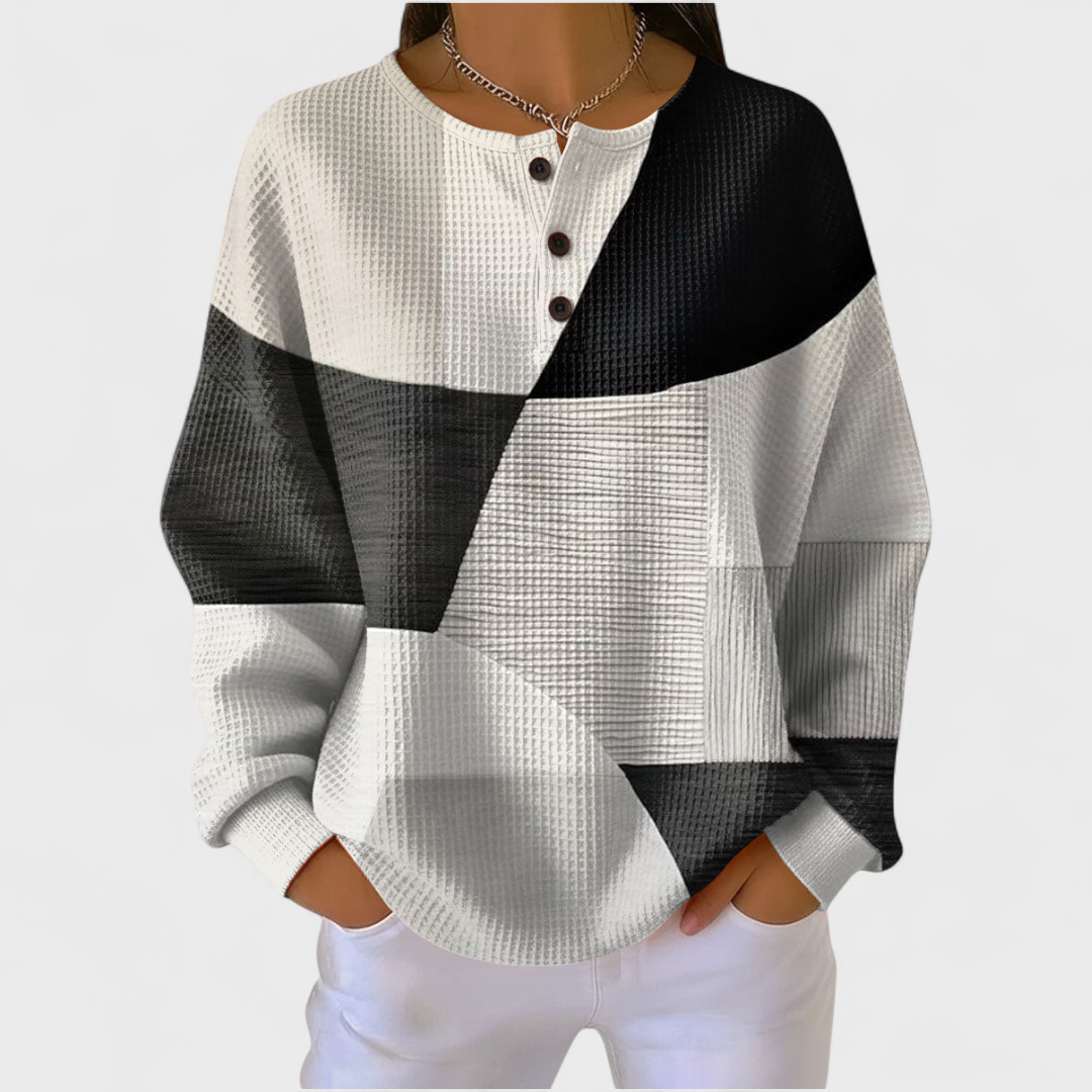 Women's Jumper with Colour-Block Print and Button Placket - Multicolour