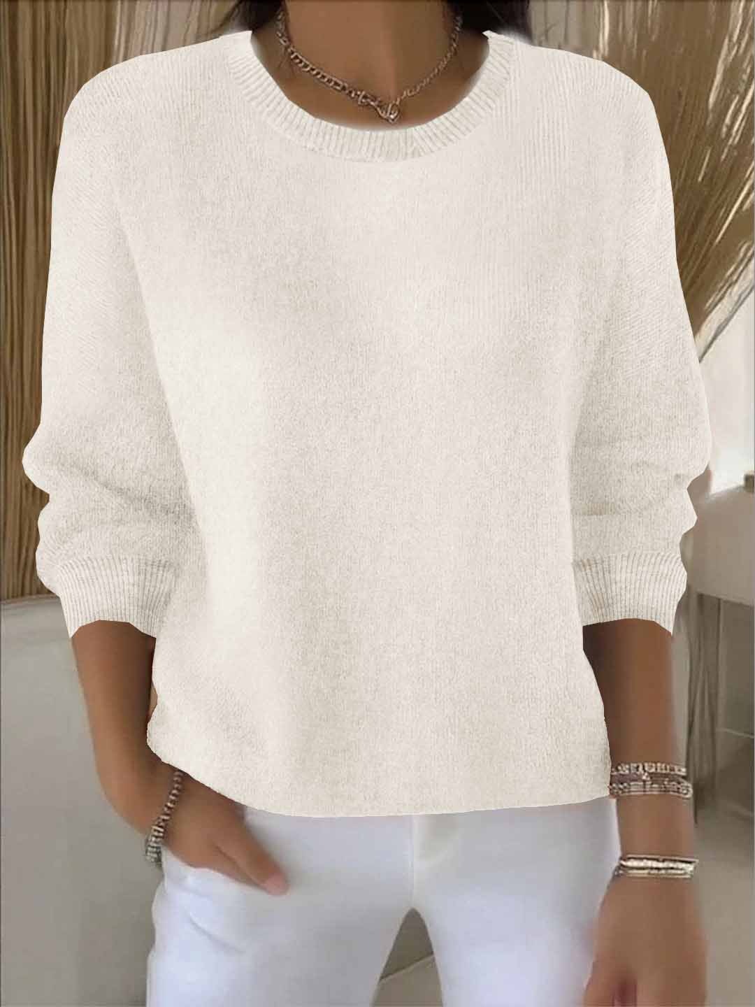 Women's Jumper Round Neck with Long Sleeves and Ribbed Trim - Apricot