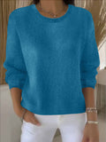Women's Jumper Round Neck with Long Sleeves and Ribbed Trim - Blue