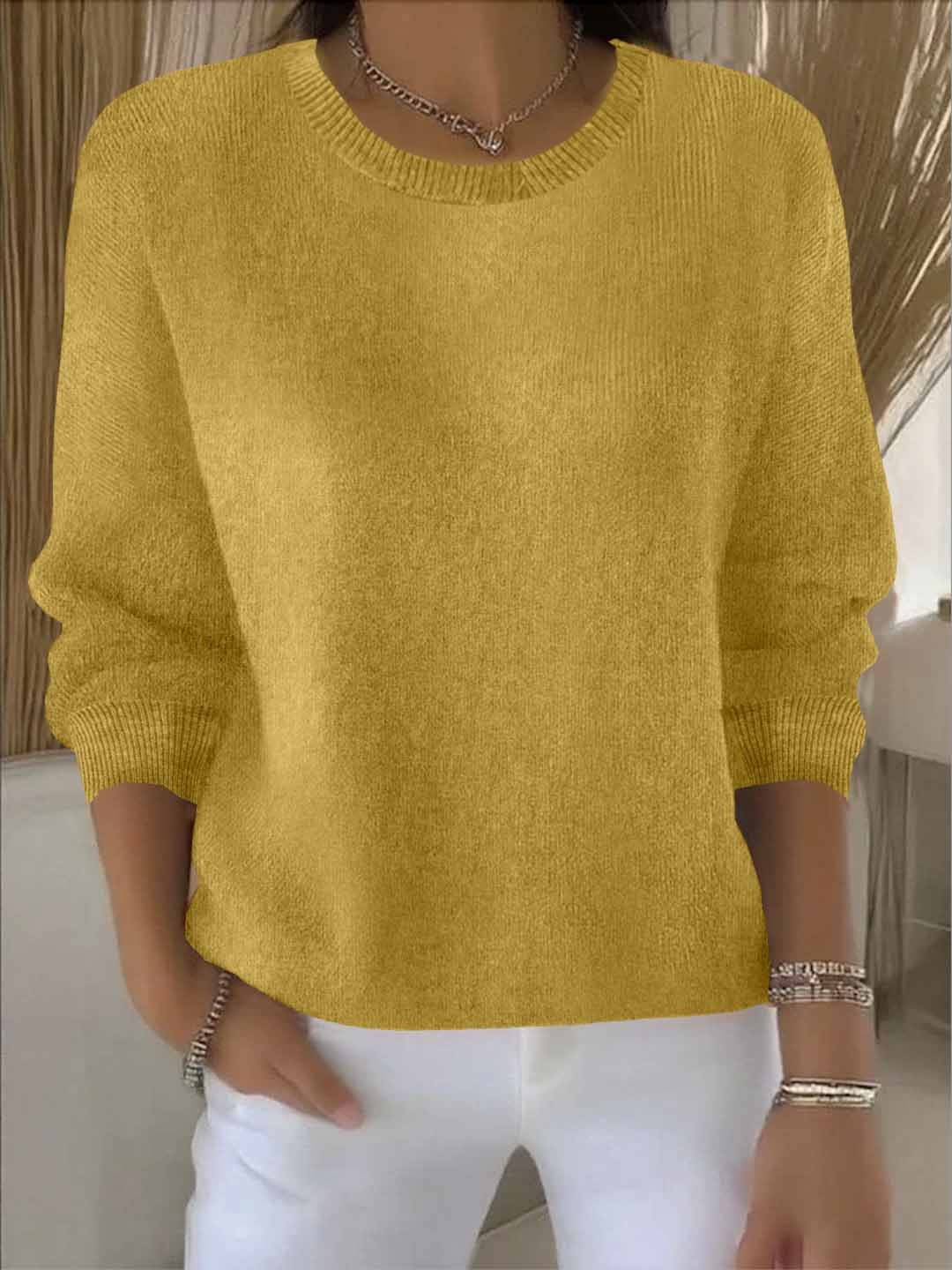 Women's Jumper Round Neck with Long Sleeves and Ribbed Trim - Yellow