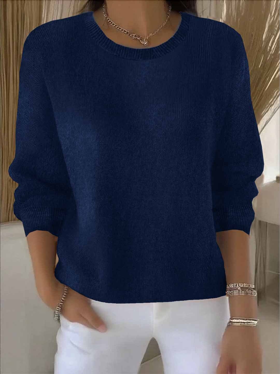 Women's Jumper Round Neck with Long Sleeves and Ribbed Trim - Dark Blue