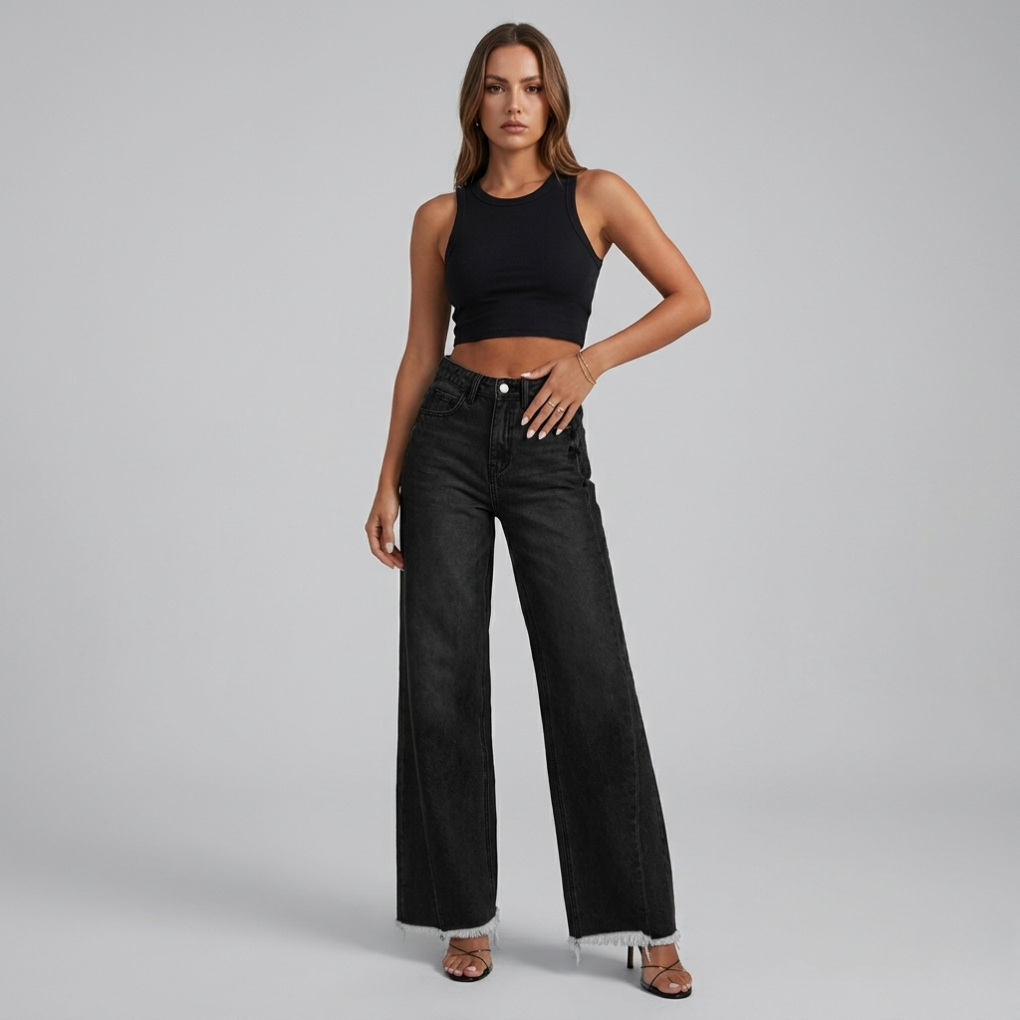 Women's Wide-Leg Jeans with Frayed Hem for Casual Style